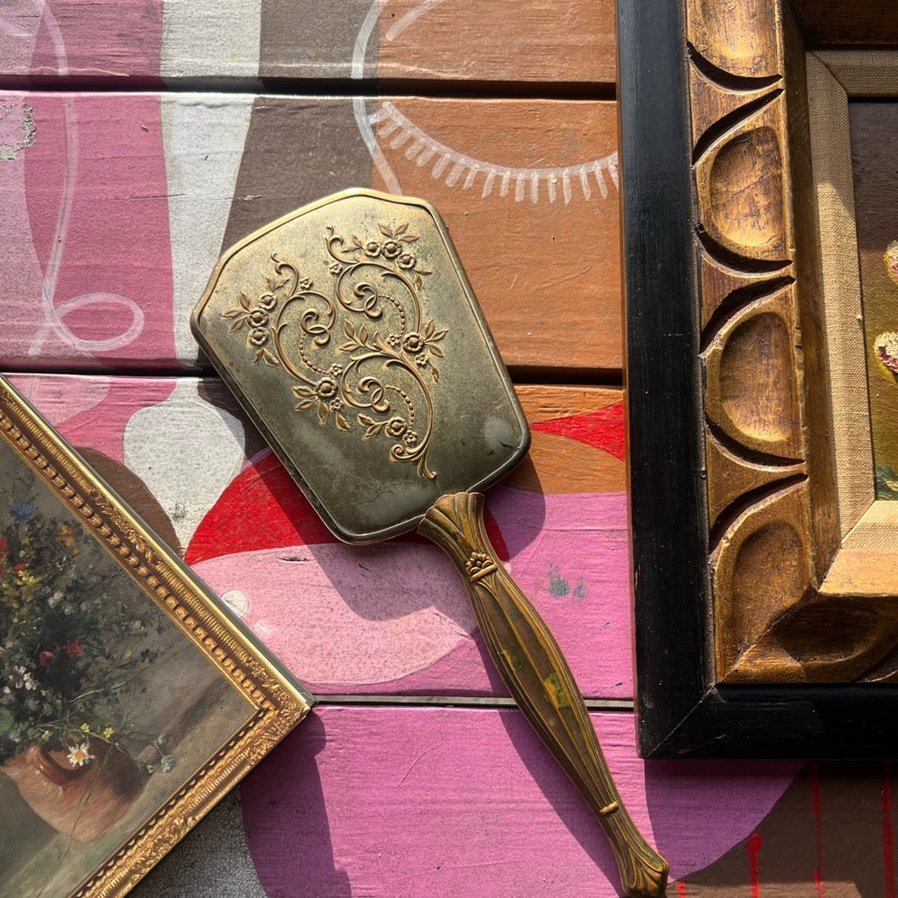 Vintage Brass Tone Hand Mirror | Ornate Floral Vanity Mirror